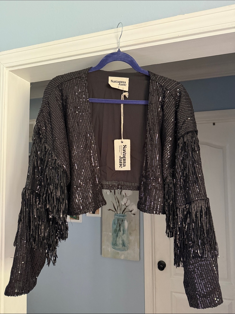 Savanna Jane Black Sequin Fringe Cropped Blazer